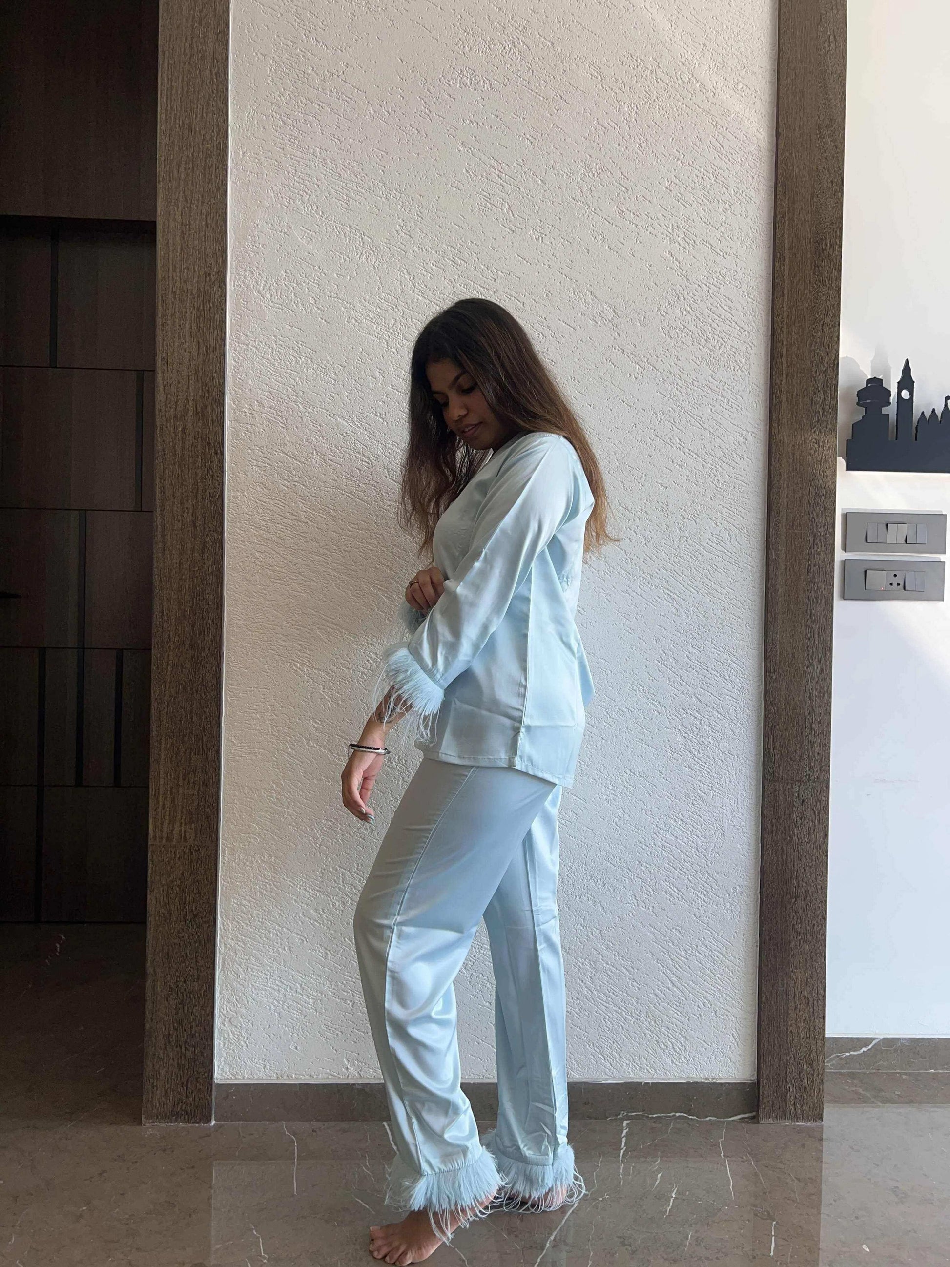 Velure Refreshing Fur Satin Night Suit - Velure - - Collar Neck, Front Button Open, Full Length Pant, Full Sleeves, Fur, Satin
