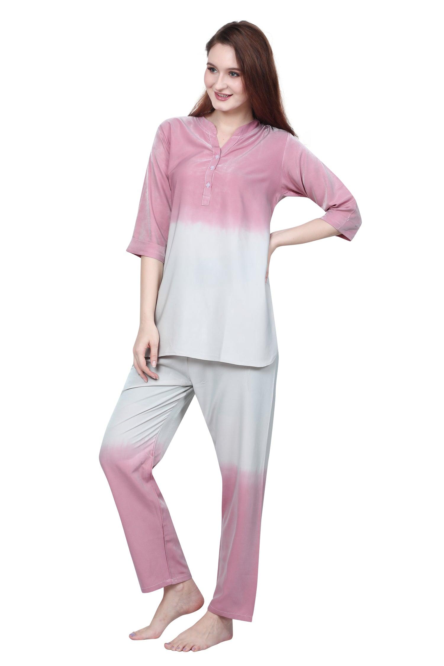 Velure Glossy Dual Shade Kurti Style Night Suit - Velure - Long Top and Pant - 3/4 Sleeves, Collar Neck, Cotton, Front Button Open, Full Length Pant