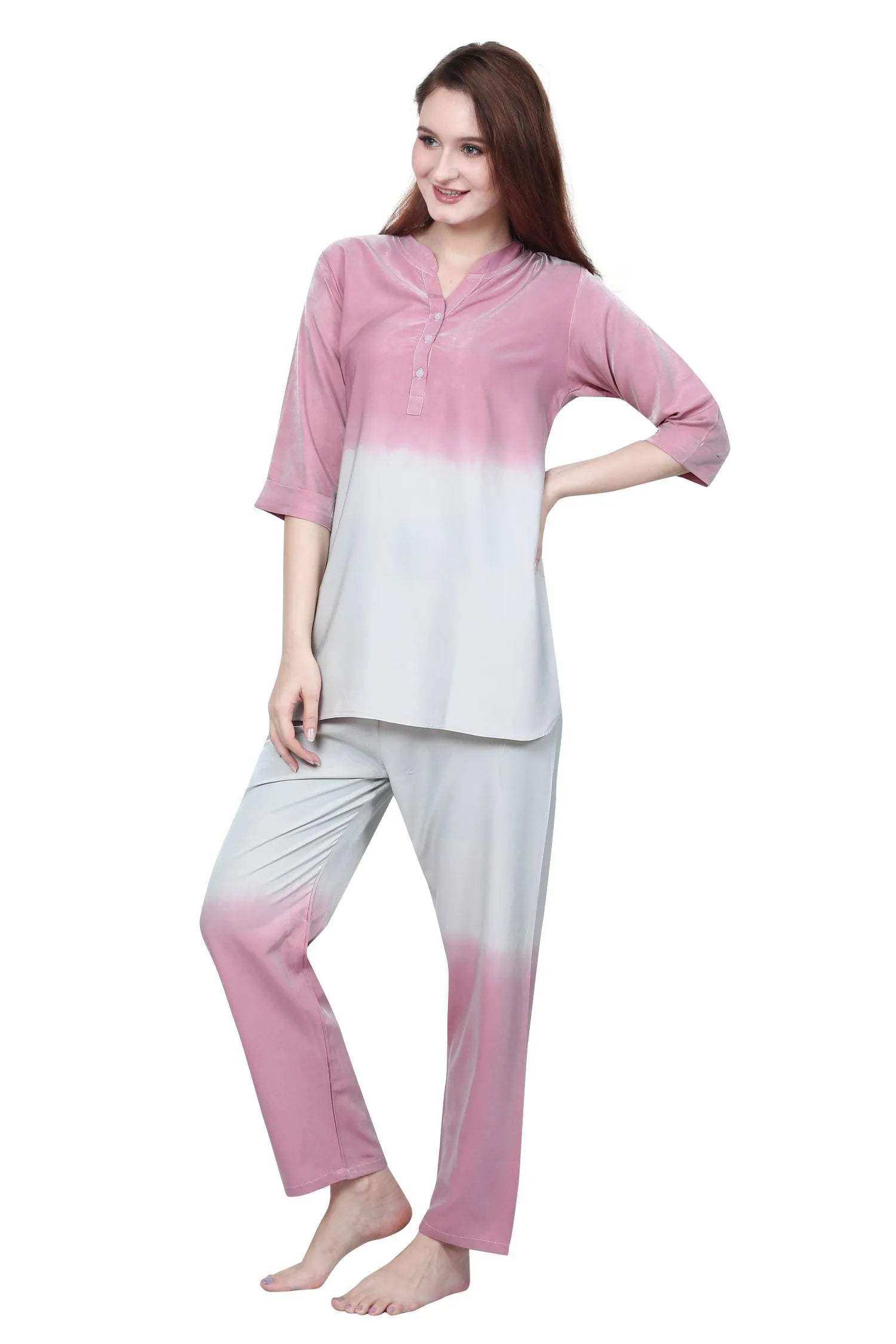 Velure Glossy Dual Shade Kurti Style Night Suit - Velure - - 3/4 Sleeves, Collar Neck, Cotton, Front Button Open, Full Length Pant