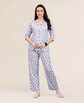 Velure Trendy Attractive Print Night Suit - Velure - - 3/4 Sleeves, Abstract Print, Collar Neck, Cotton, Front Button Open, Full Length Pant