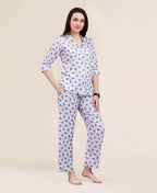 Velure Trendy Attractive Print Night Suit - Velure - - 3/4 Sleeves, Abstract Print, Collar Neck, Cotton, Front Button Open, Full Length Pant