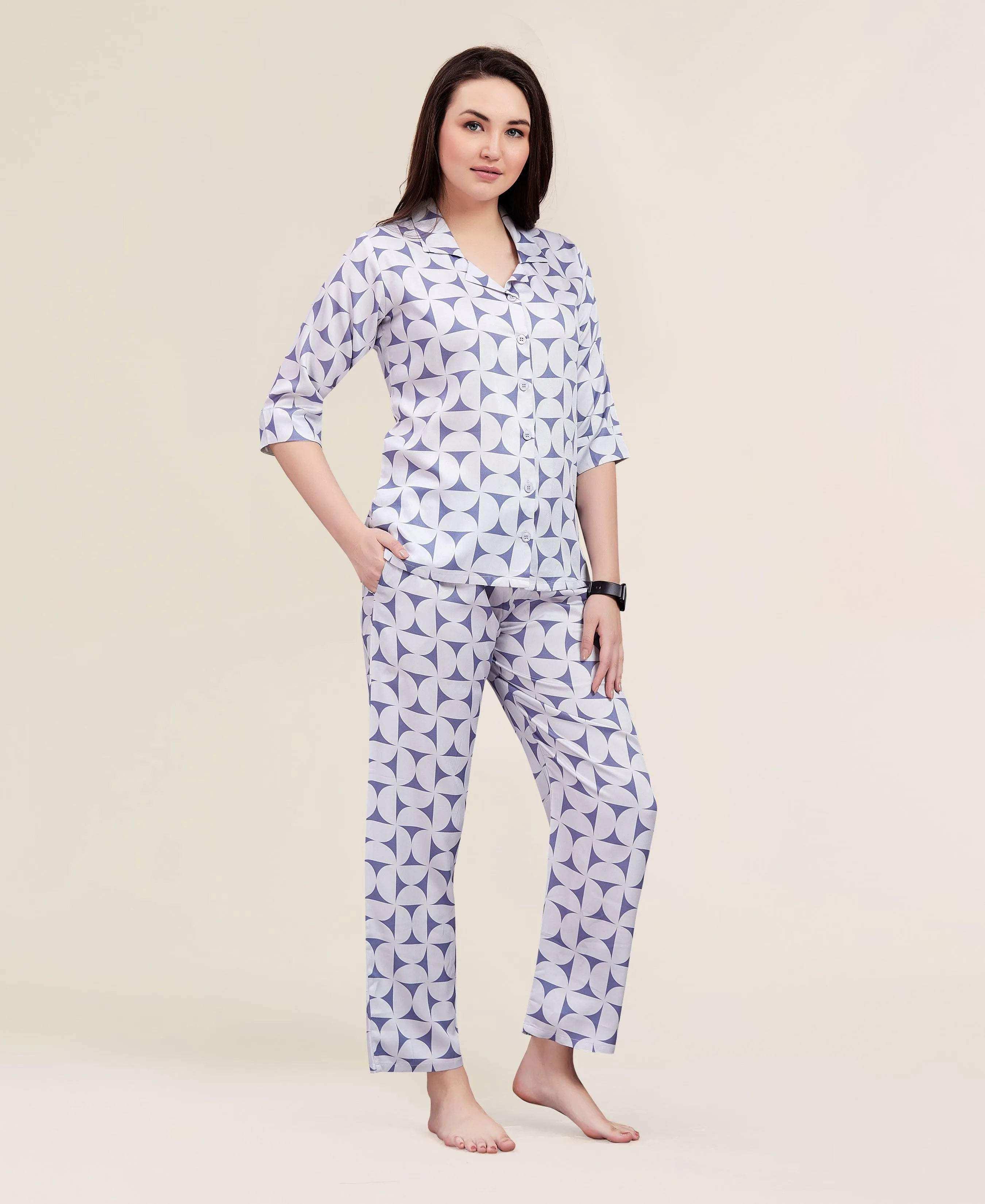 Velure Trendy Attractive Print Night Suit - Velure - - 3/4 Sleeves, Abstract Print, Collar Neck, Cotton, Front Button Open, Full Length Pant