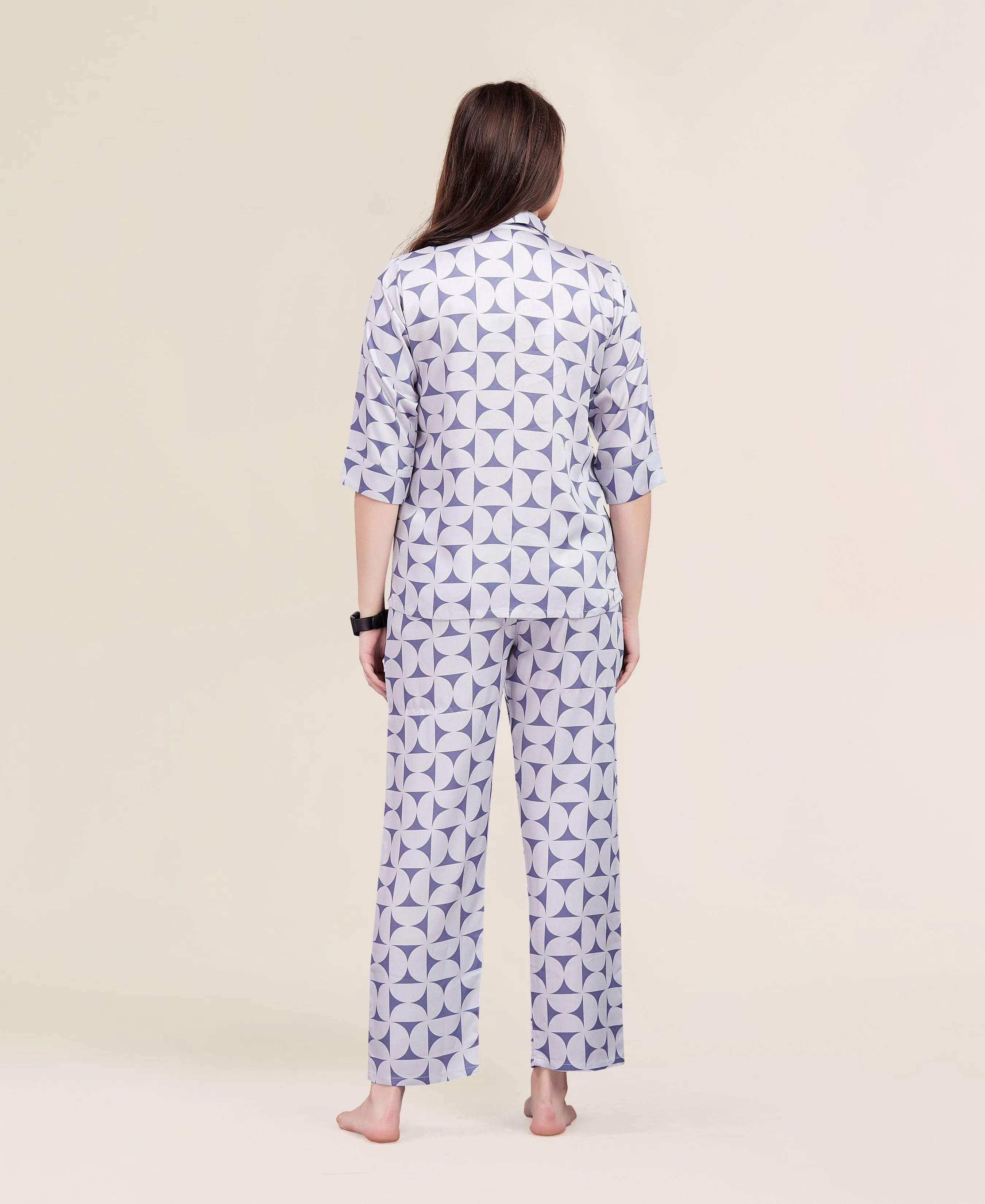 Velure Trendy Attractive Print Night Suit - Velure - - 3/4 Sleeves, Abstract Print, Collar Neck, Cotton, Front Button Open, Full Length Pant