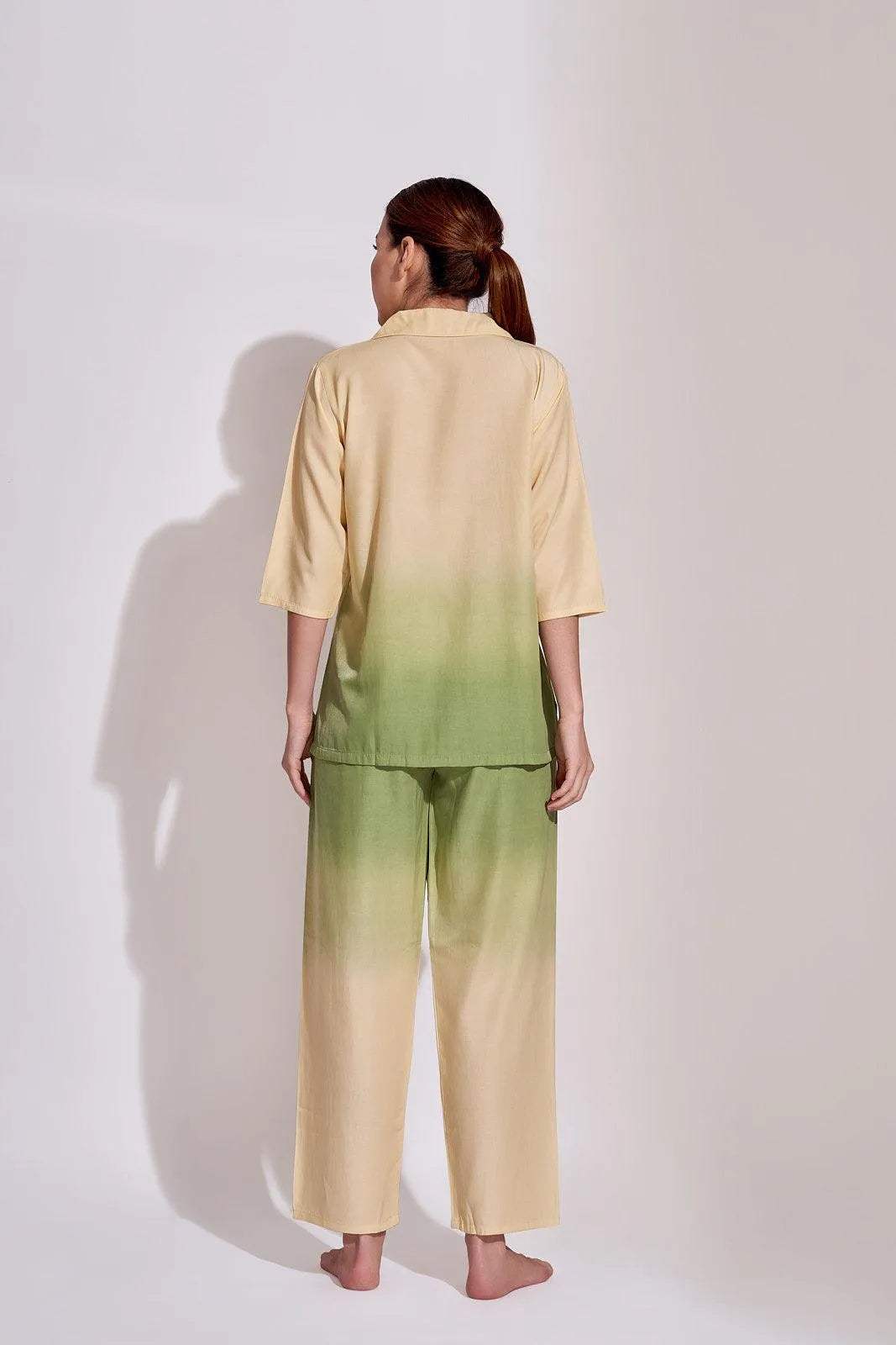 Velure Lemon Green Dual Shaded Co-ord Set - Velure - Shirt and Pant - 3/4 Sleeves, Collar Neck, Cotton, Full Length Pant, Ombre