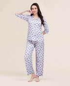 Velure Trendy Attractive Print Night Suit - Velure - - 3/4 Sleeves, Abstract Print, Collar Neck, Cotton, Front Button Open, Full Length Pant