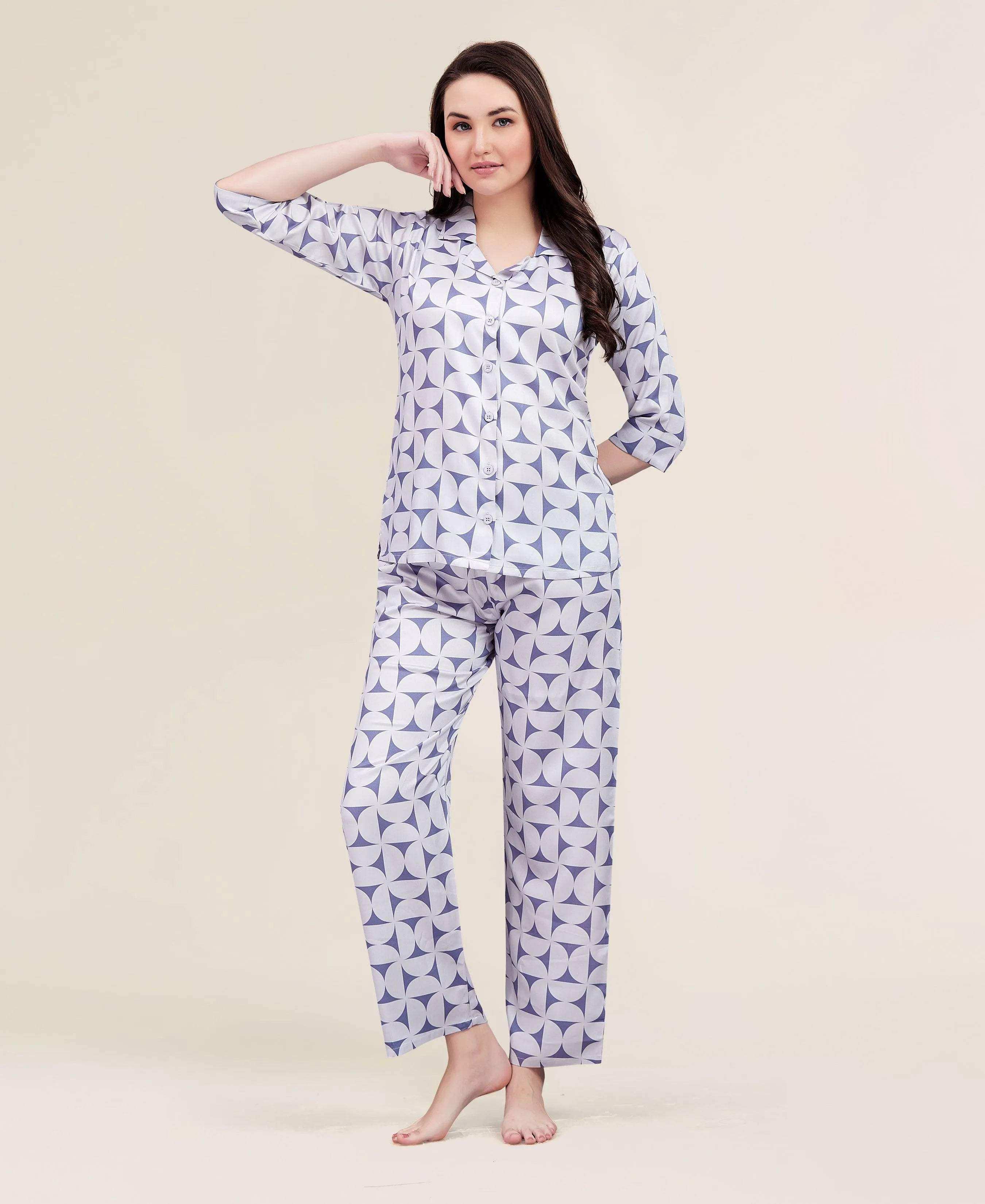 Velure Trendy Attractive Print Night Suit - Velure - - 3/4 Sleeves, Abstract Print, Collar Neck, Cotton, Front Button Open, Full Length Pant