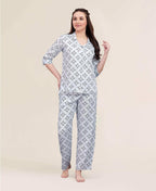 Velure Dazzling Print Night Suit - Velure - - 3/4 Sleeves, Abstract Print, Collar Neck, Cotton, Front Button Open, Full Length Pant