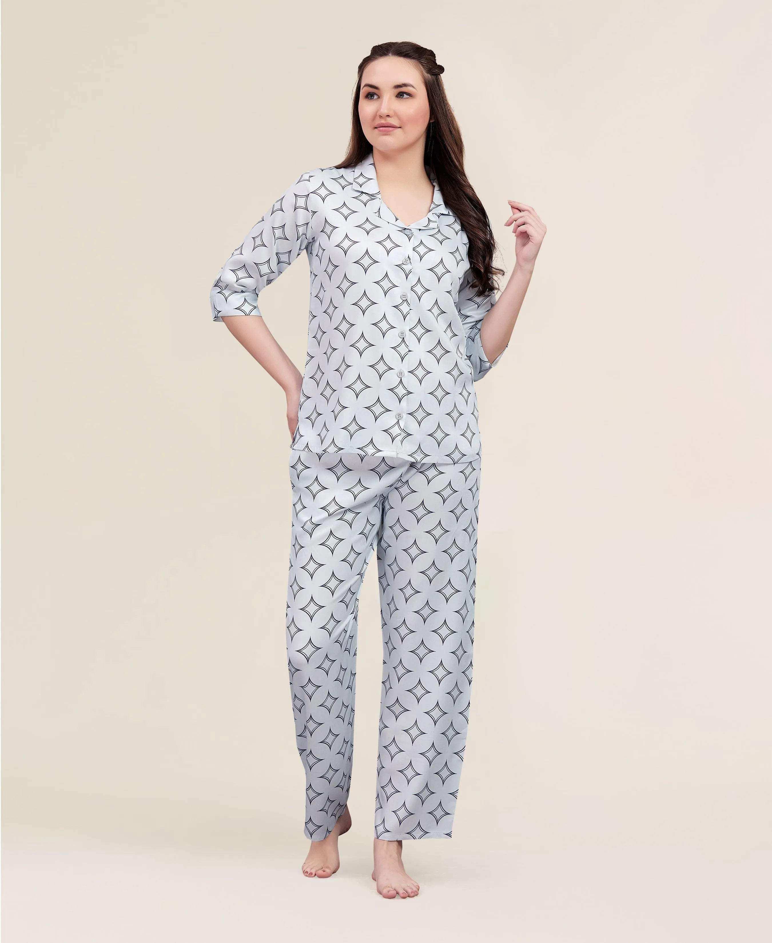 Velure Dazzling Print Night Suit - Velure - - 3/4 Sleeves, Abstract Print, Collar Neck, Cotton, Front Button Open, Full Length Pant
