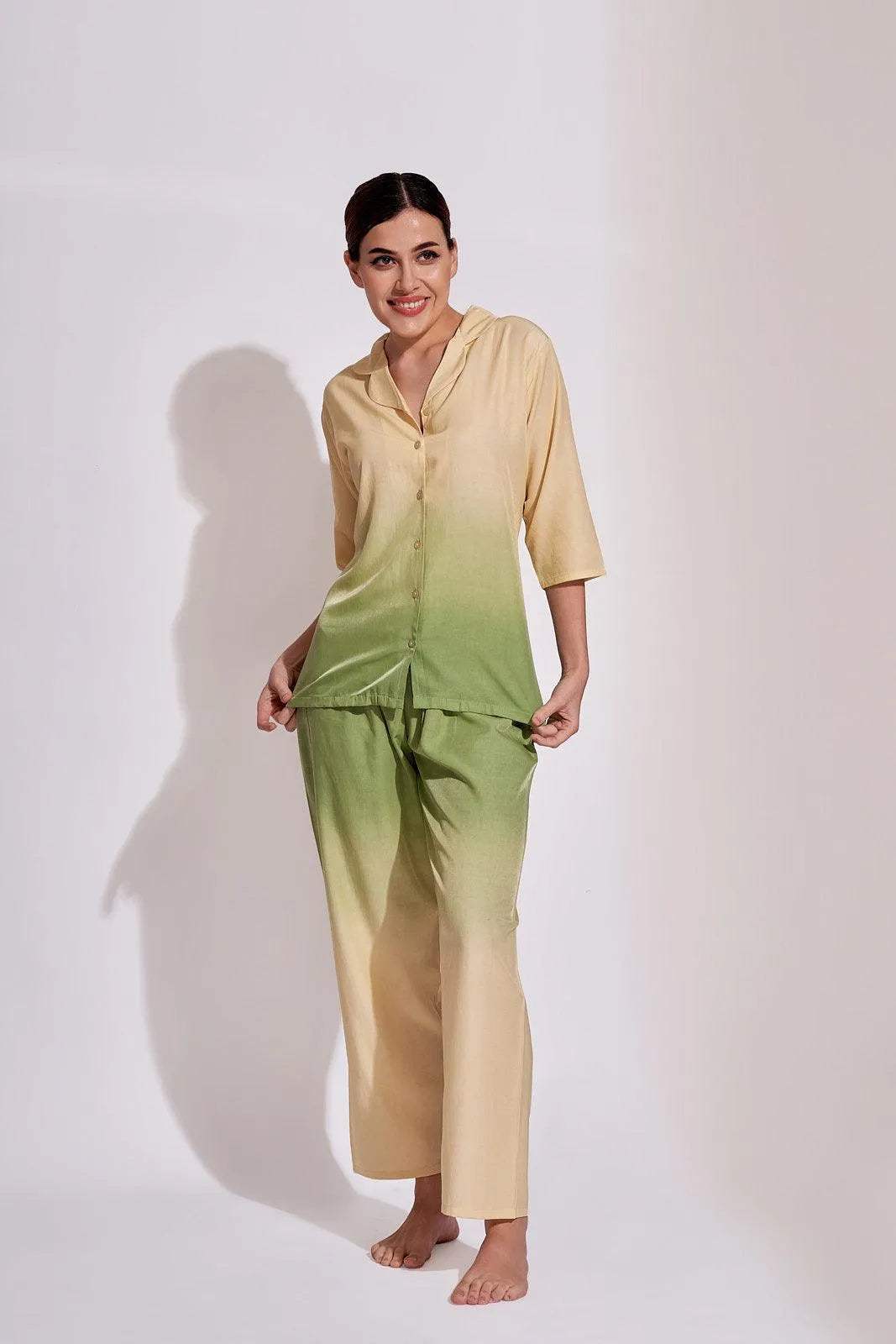 Velure Lemon Green Dual Shaded Co-ord Set - Velure - Shirt and Pant - 3/4 Sleeves, Collar Neck, Cotton, Full Length Pant, Ombre