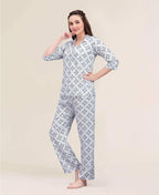 Velure Dazzling Print Night Suit - Velure - - 3/4 Sleeves, Abstract Print, Collar Neck, Cotton, Front Button Open, Full Length Pant
