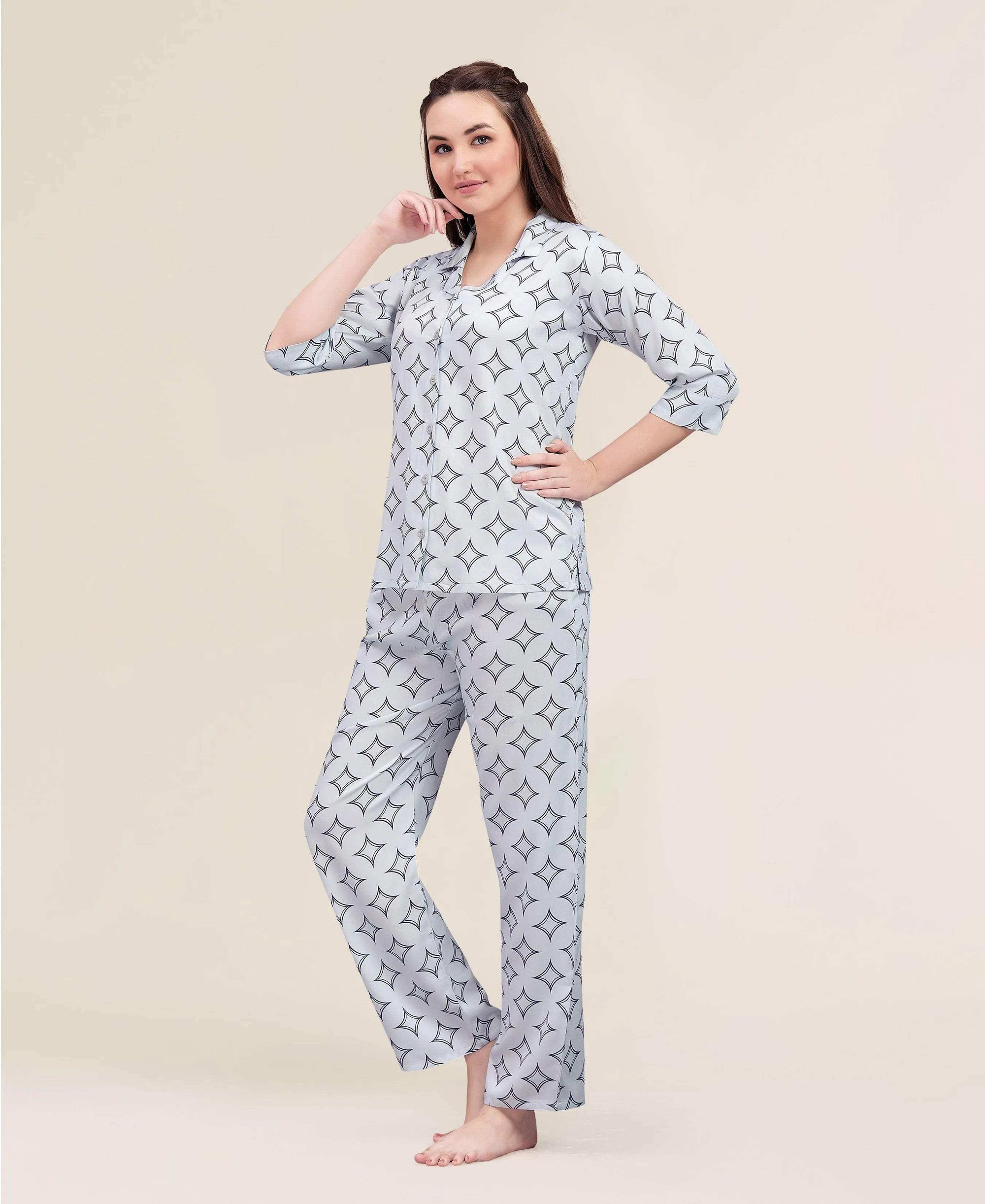 Velure Dazzling Print Night Suit - Velure - - 3/4 Sleeves, Abstract Print, Collar Neck, Cotton, Front Button Open, Full Length Pant