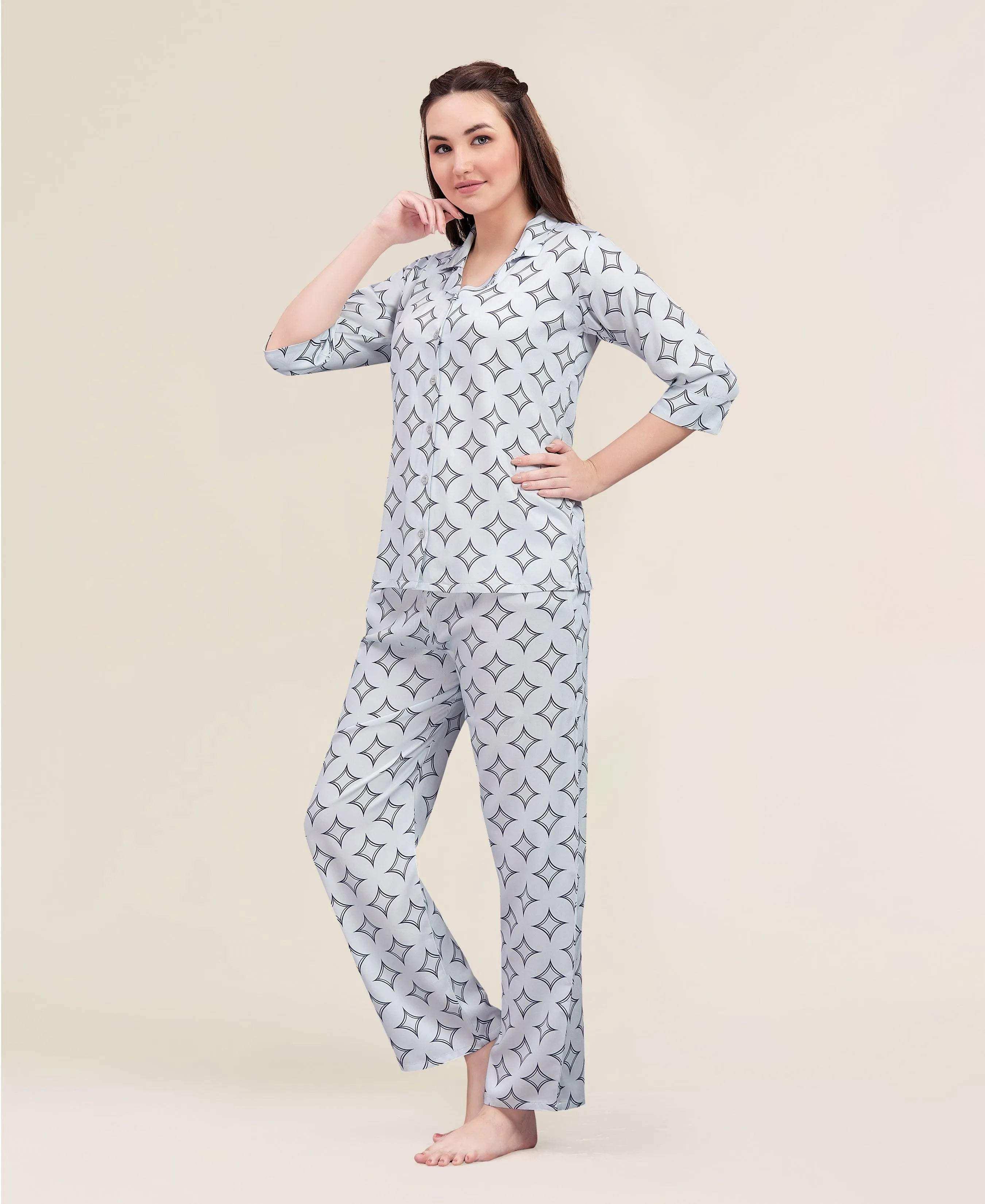 Velure Dazzling Print Night Suit - Velure - - 3/4 Sleeves, Abstract Print, Collar Neck, Cotton, Front Button Open, Full Length Pant