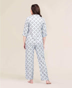Velure Dazzling Print Night Suit - Velure - - 3/4 Sleeves, Abstract Print, Collar Neck, Cotton, Front Button Open, Full Length Pant