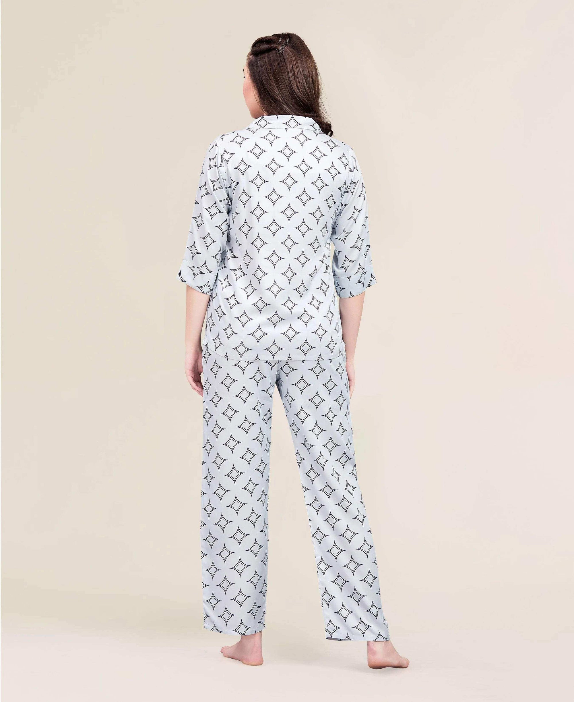 Velure Dazzling Print Night Suit - Velure - - 3/4 Sleeves, Abstract Print, Collar Neck, Cotton, Front Button Open, Full Length Pant