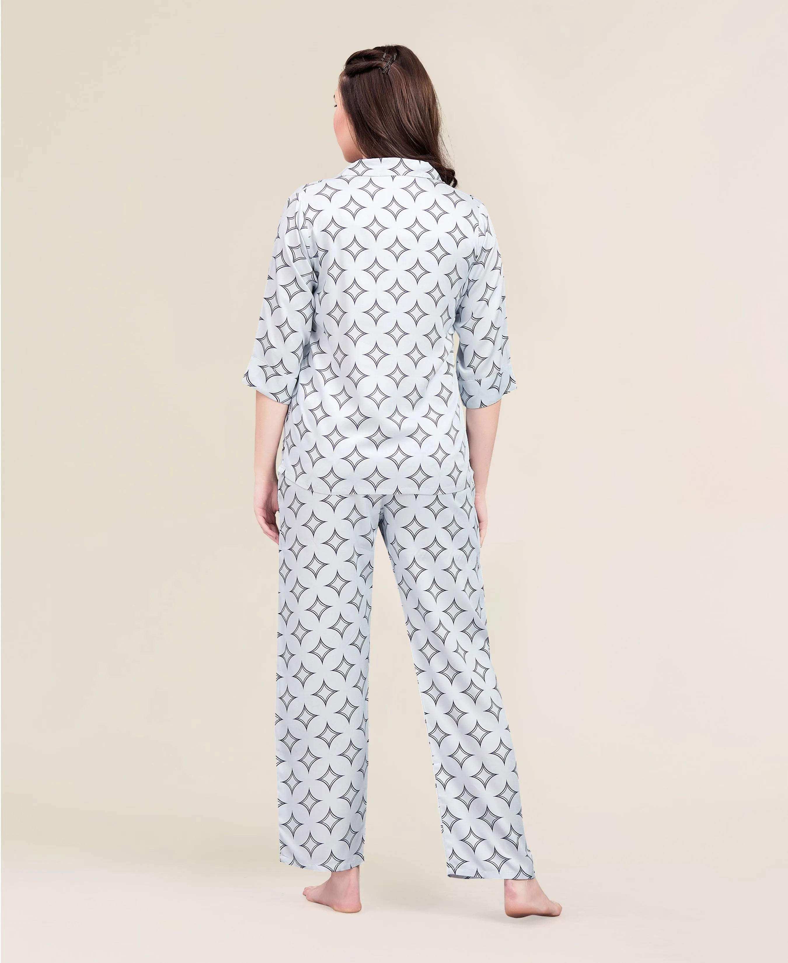 Velure Dazzling Print Night Suit - Velure - - 3/4 Sleeves, Abstract Print, Collar Neck, Cotton, Front Button Open, Full Length Pant