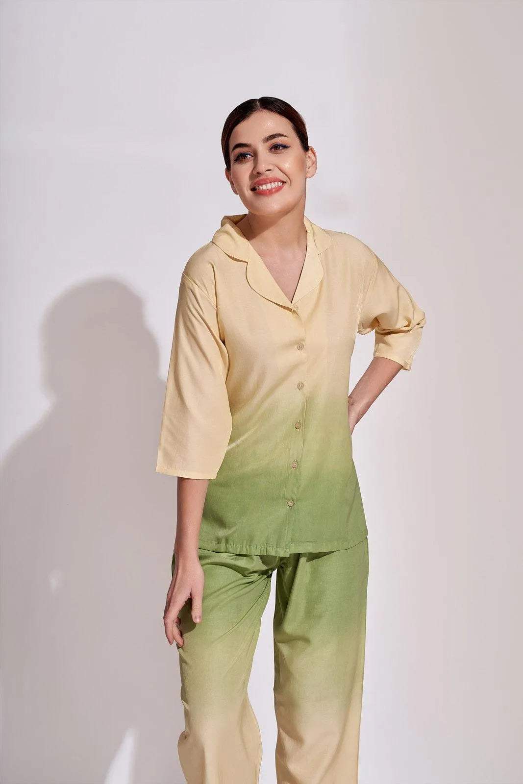 Velure Lemon Green Dual Shaded Co-ord Set - Velure - Shirt and Pant - 3/4 Sleeves, Collar Neck, Cotton, Full Length Pant, Ombre