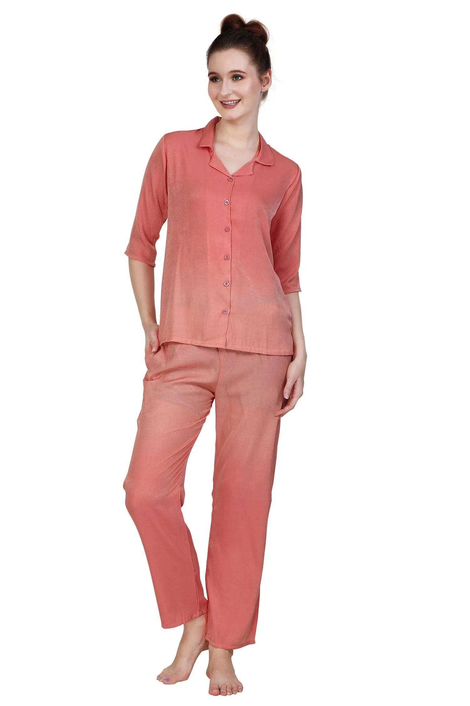 Velure Pleasing Co-ord Set - Velure - - 3/4 Sleeves, Collar Neck, Cotton, Front Button Open, Full Length Pant