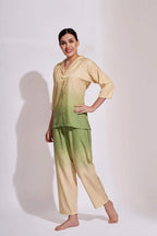 Velure Lemon Green Dual Shaded Co-ord Set - Velure - Shirt and Pant - 3/4 Sleeves, Collar Neck, Cotton, Full Length Pant, Ombre