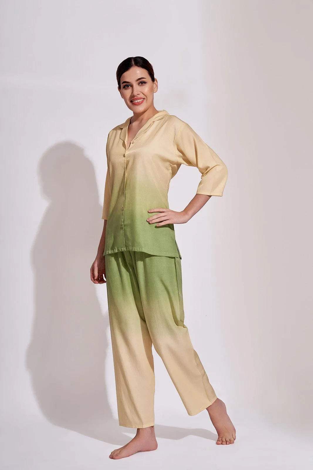 Velure Lemon Green Dual Shaded Co-ord Set - Velure - Shirt and Pant - 3/4 Sleeves, Collar Neck, Cotton, Full Length Pant, Ombre