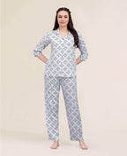 Velure Dazzling Print Night Suit - Velure - - 3/4 Sleeves, Abstract Print, Collar Neck, Cotton, Front Button Open, Full Length Pant