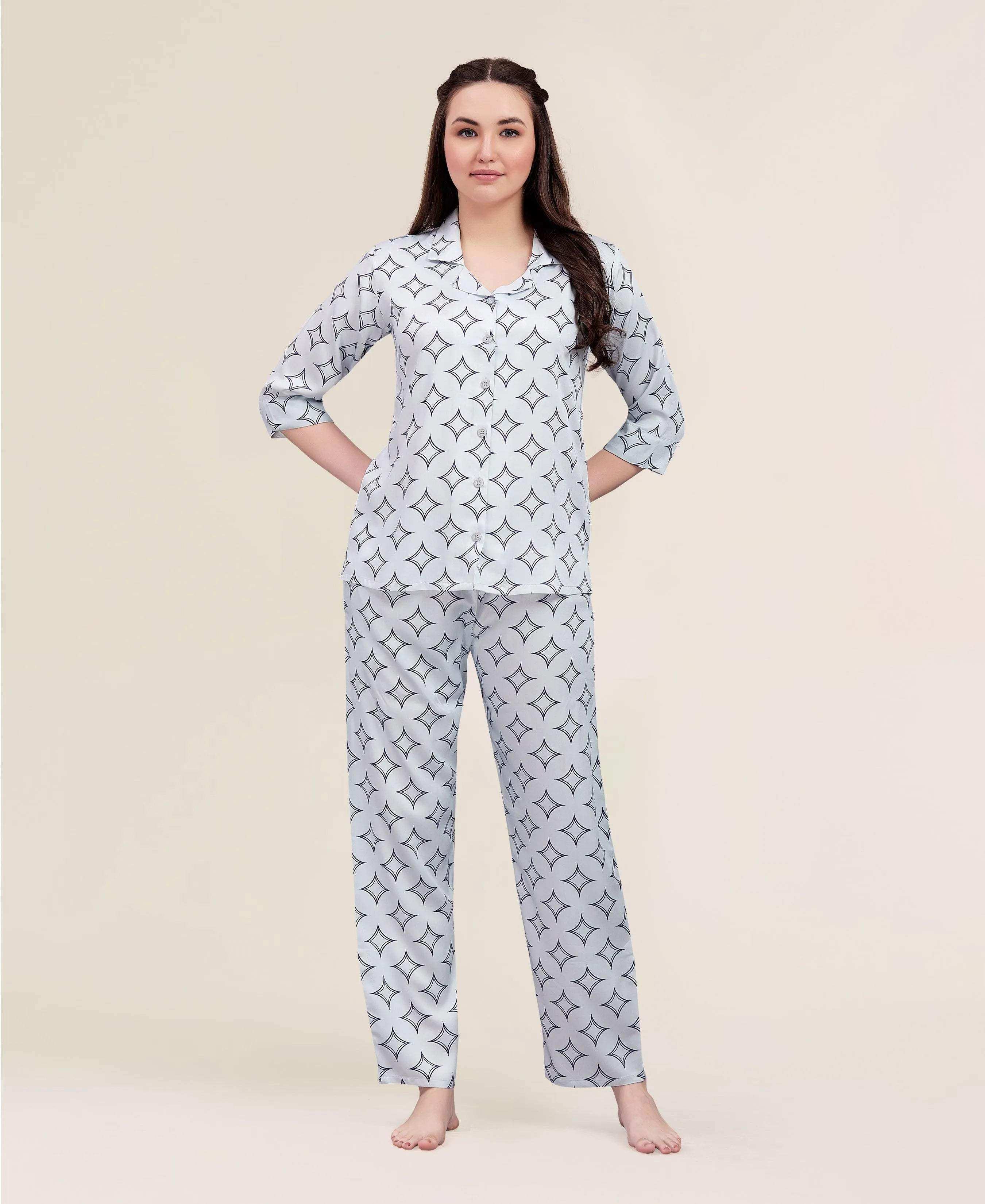 Velure Dazzling Print Night Suit - Velure - - 3/4 Sleeves, Abstract Print, Collar Neck, Cotton, Front Button Open, Full Length Pant