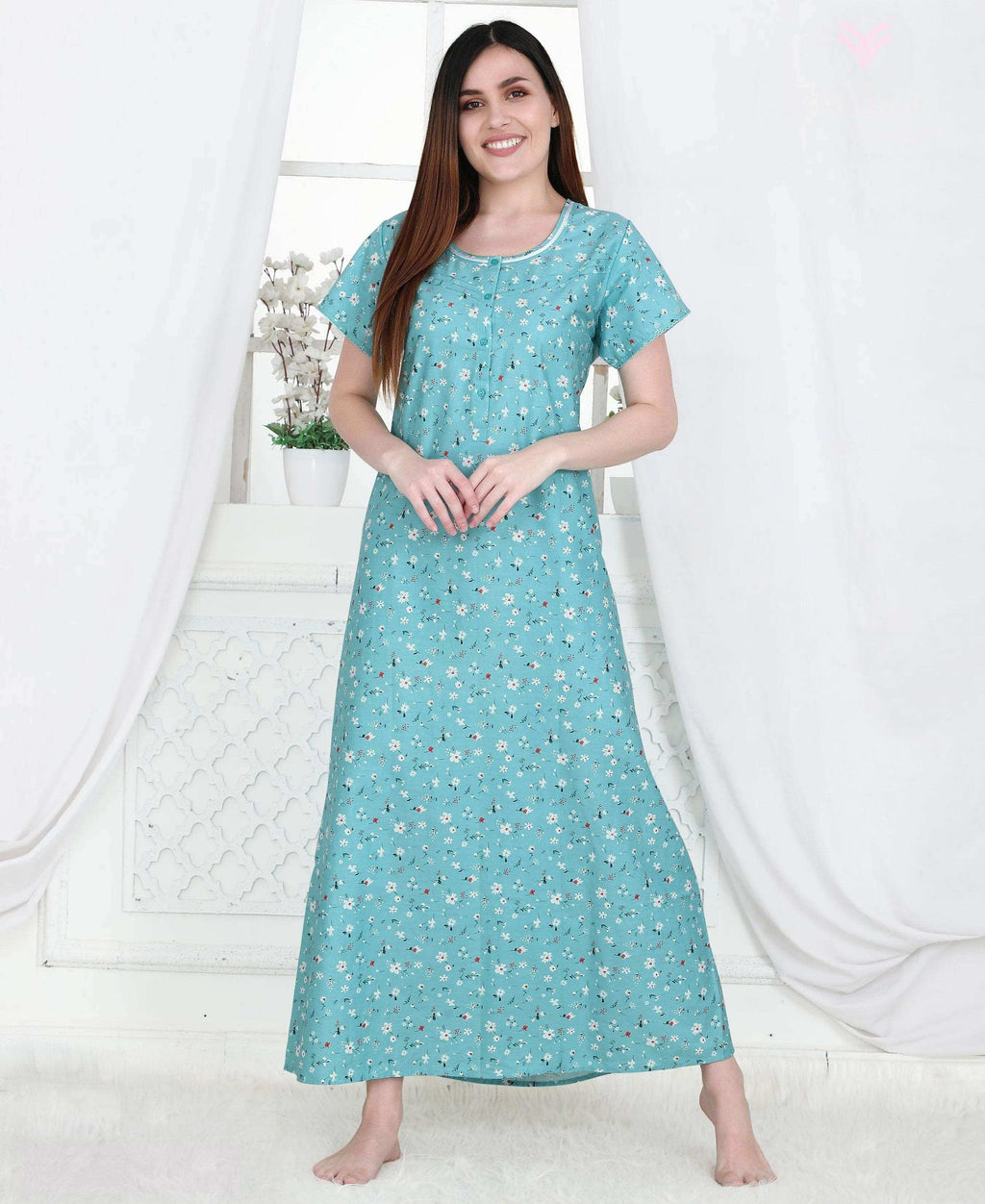 Velure Blue Floral Print Cotton Nighty - Velure - - Cotton, Full Length Nighty, Half Sleeves Nighty, Round neck Nighty
