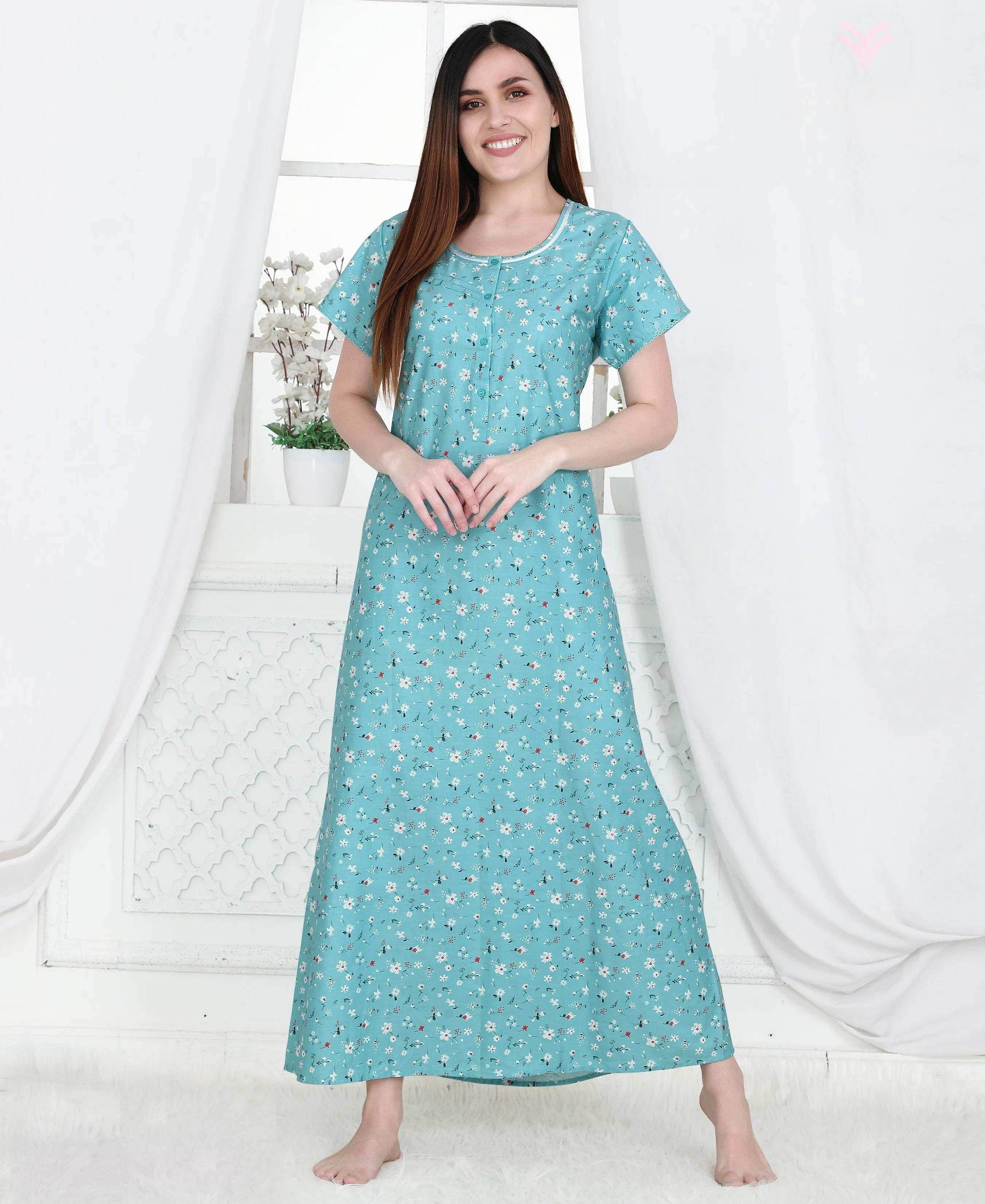 Velure Blue Floral Print Cotton Nighty - Velure - - Cotton, Full Length Nighty, Half Sleeves Nighty, Round neck Nighty