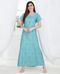 Velure Blue Floral Print Cotton Nighty - Velure - Nighty - Cotton, Full Length Nighty, Half Sleeves Nighty, Round neck Nighty