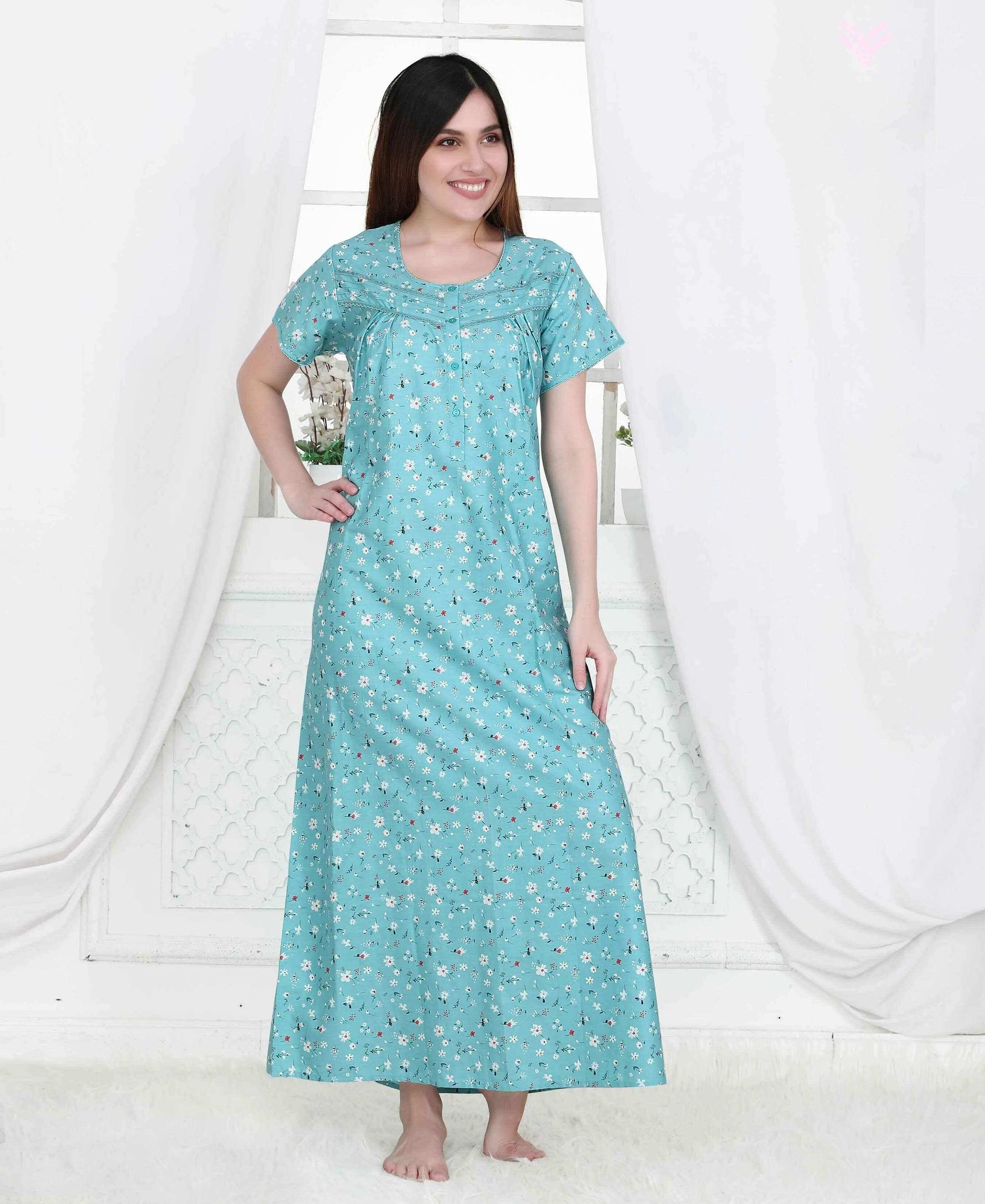 Velure Blue Floral Print Cotton Nighty - Velure - - Cotton, Full Length Nighty, Half Sleeves Nighty, Round neck Nighty