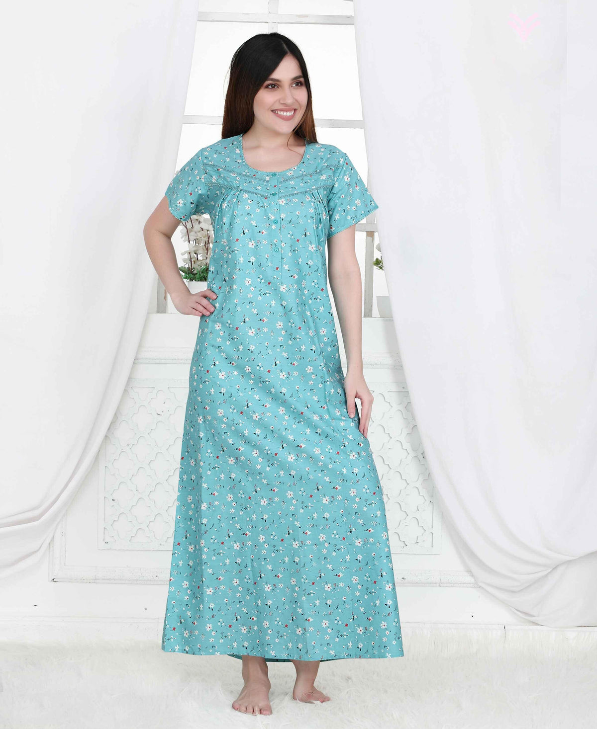 Velure Blue Floral Print Cotton Nighty - Velure - Nighty - Cotton, Full Length Nighty, Half Sleeves Nighty, Round neck Nighty