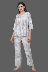 Velure Grey Floral Frock-Style Night Suit - Velure - Long Top and Pant - 3/4 Sleeves, Frock Style, Full Length Pant, Linen, V Neck