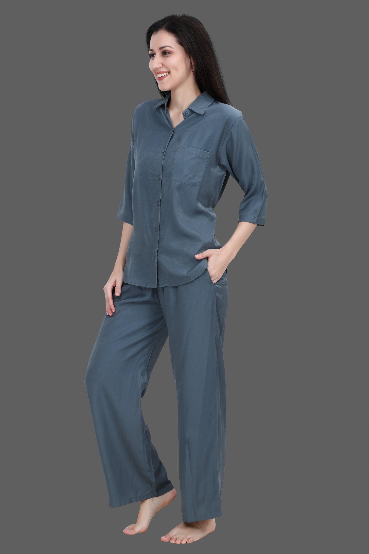 Velure Grey Classic Palazzo Co-ord Set - Velure - Long Top and Pant - 3/4 Sleeves, Collar Neck, Cotton, Front Button Open, Full Length Pant