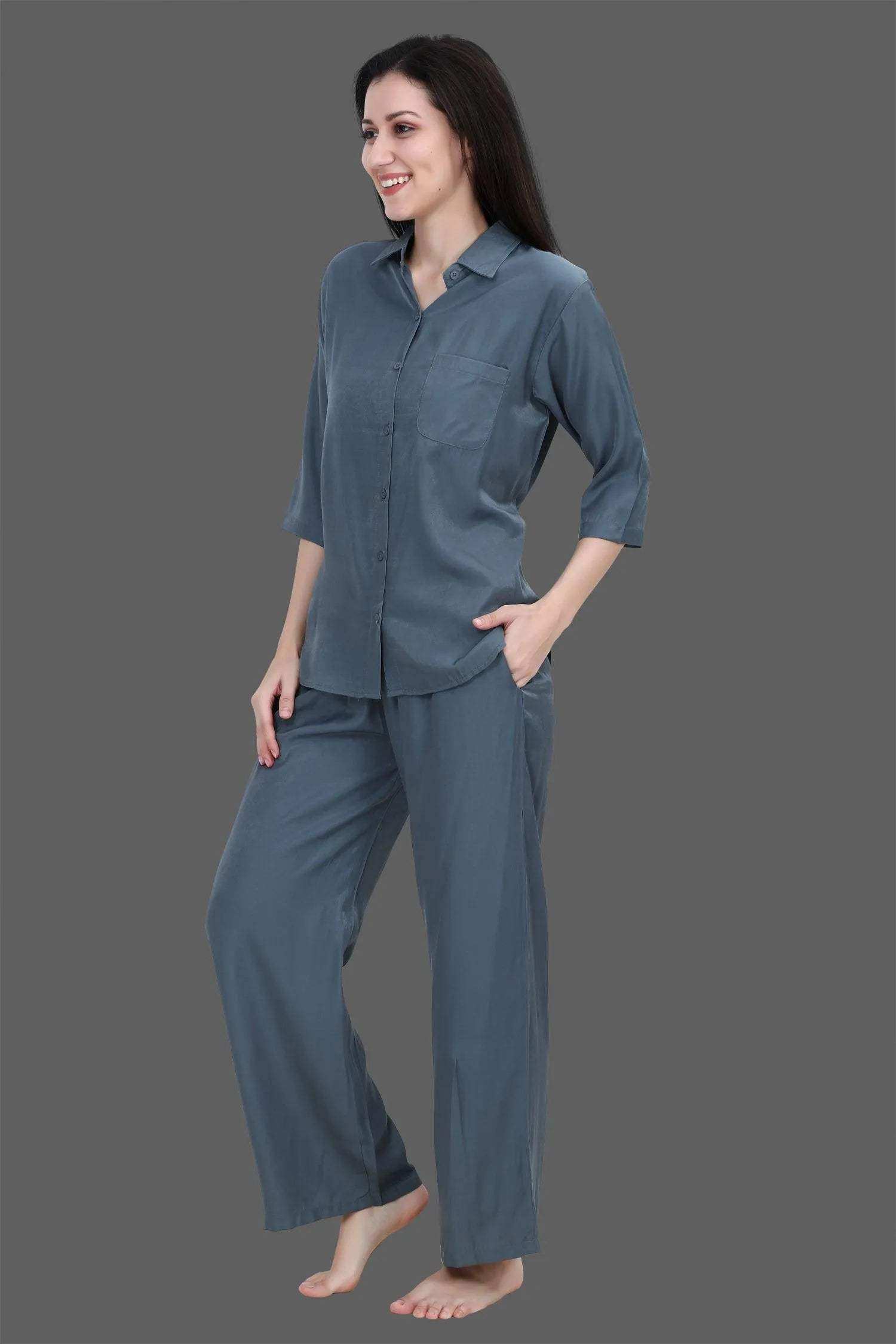 Velure Grey Classic Palazzo Co-ord Set - Velure - - 3/4 Sleeves, Collar Neck, Cotton, Front Button Open, Full Length Pant