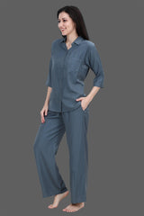 Velure Grey Classic Palazzo Co-ord Set - Velure - Long Top and Pant - 3/4 Sleeves, Collar Neck, Cotton, Front Button Open, Full Length Pant