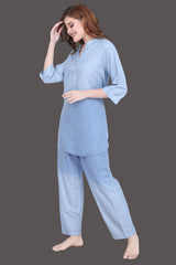 Velure Stylish Light Blue Dual Shade Kurti Style Night Suit - Velure - Long Top and Pant - 3/4 Sleeves, Cotton, Front Button Open, Full Length Pant