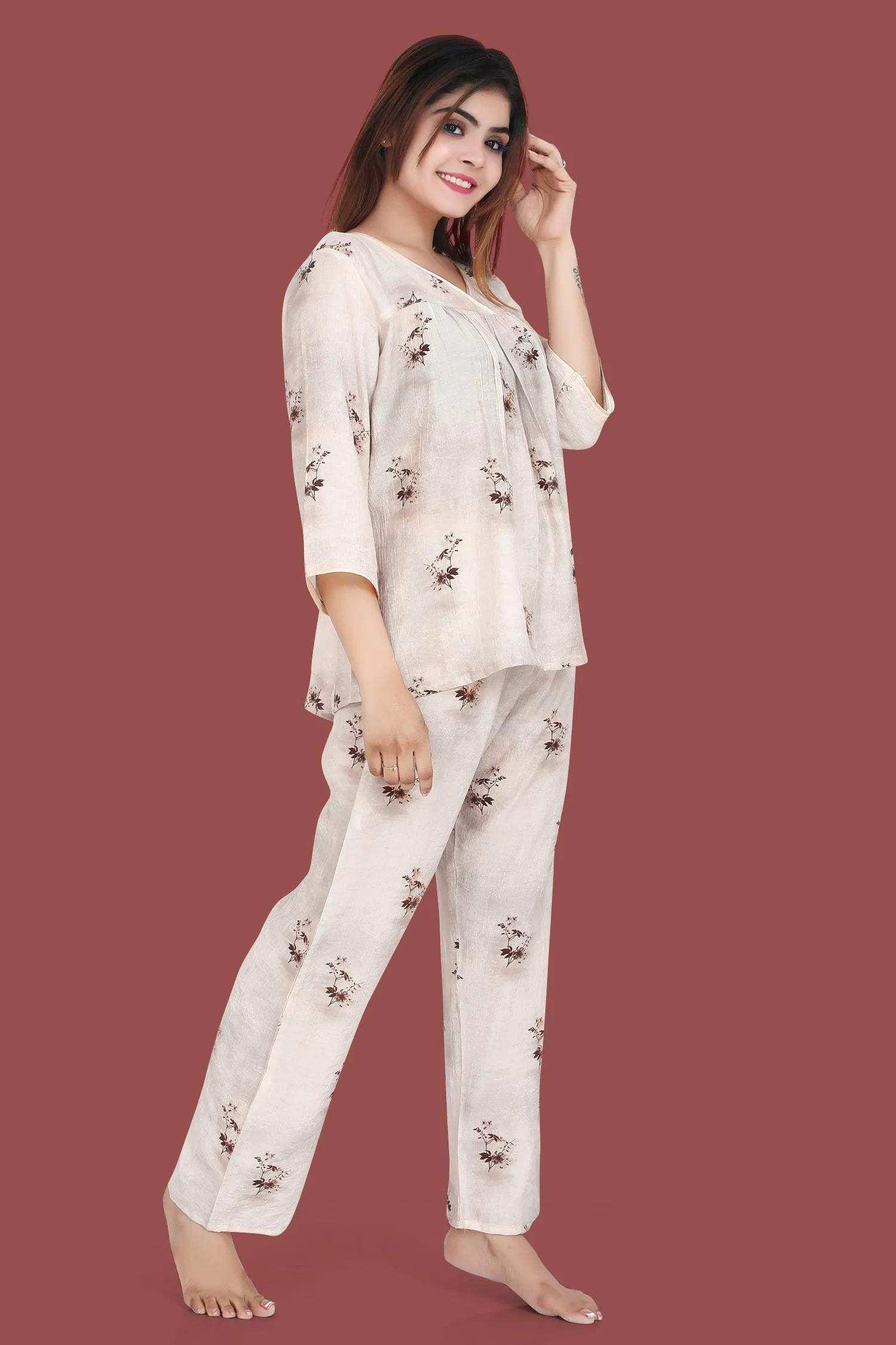 Velure Classic Floral Print Frock-Style Night Suit - Velure - - 3/4 Sleeves, Frock Style, Full Length Pant, Linen, V Neck