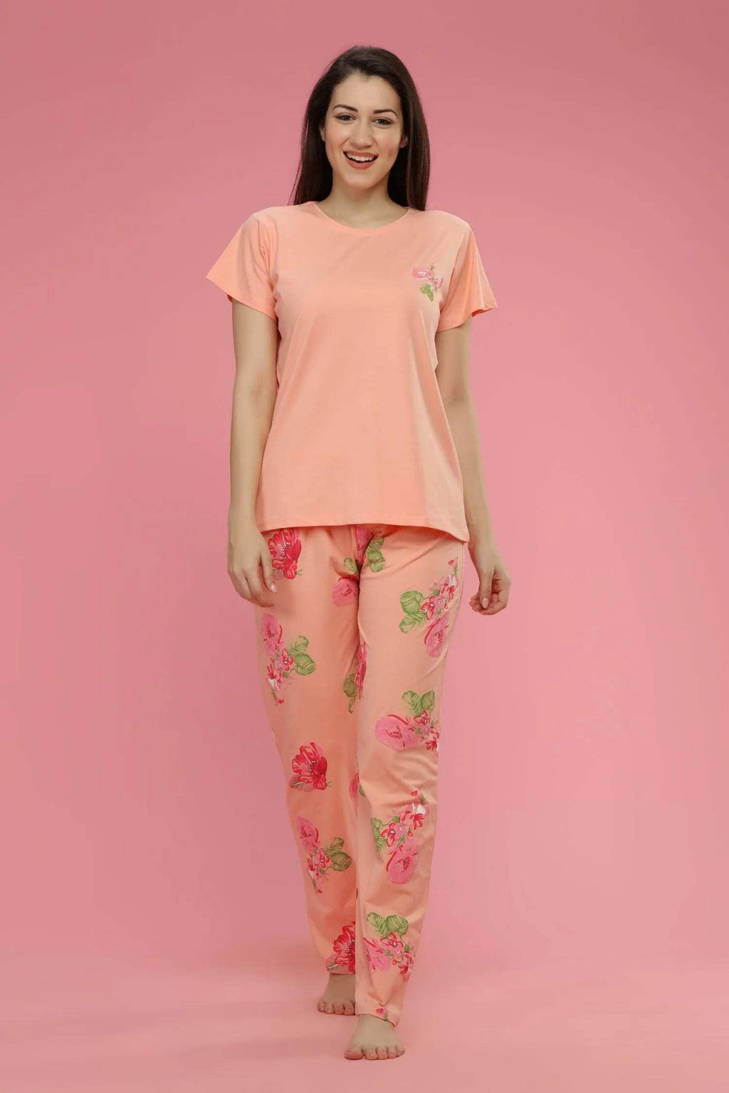Velure Captivating Floral Print Night Suit - Velure - Shirt and Pant - Cotton, Floral Print, Full Length Pant, Half Sleeves, Round neck
