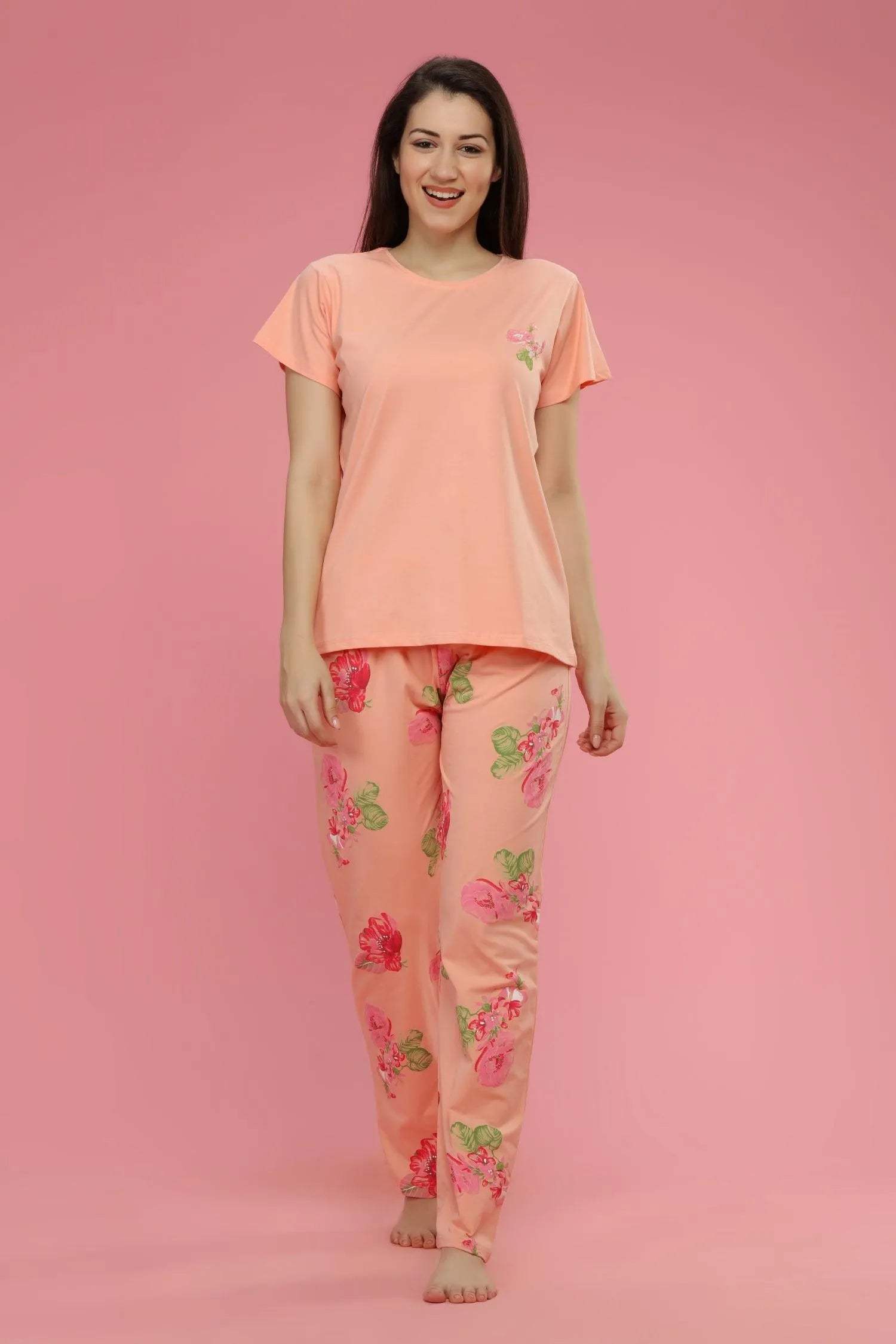 Velure Captivating Floral Print Night Suit - Velure - Shirt and Pant - Cotton, Floral Print, Full Length Pant, Half Sleeves, Round neck