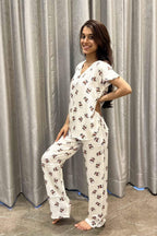 Nutella Night Suit - Velure - T-Shirt and Pant - Cotton Satin, Full Length Pant, Half Sleeves, Printed, V Neck