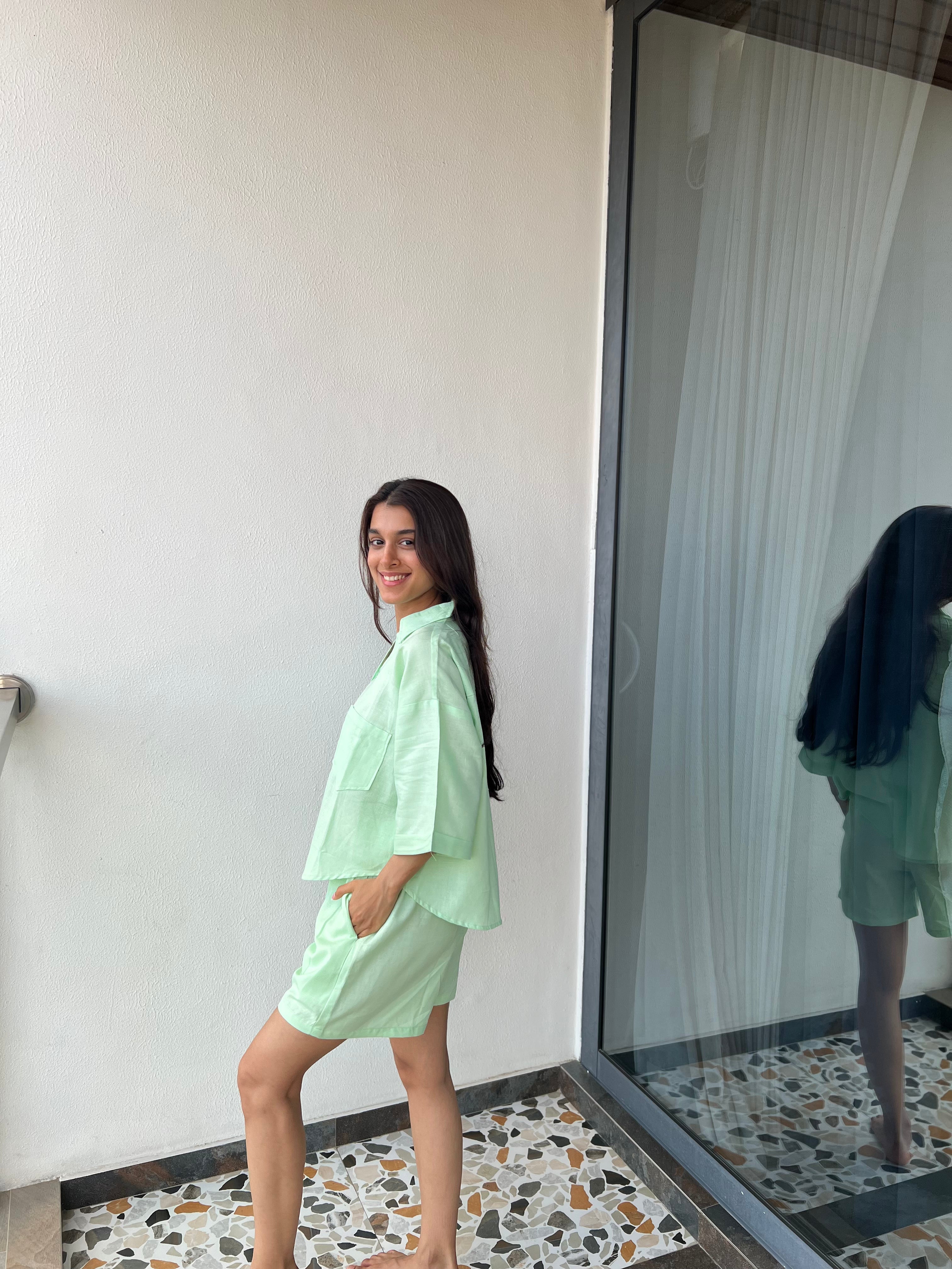 Velure Solid Casual Green Shorts - Velure - - Collar Neck, Half Sleeves, Linen, Oversized fit, Shorts