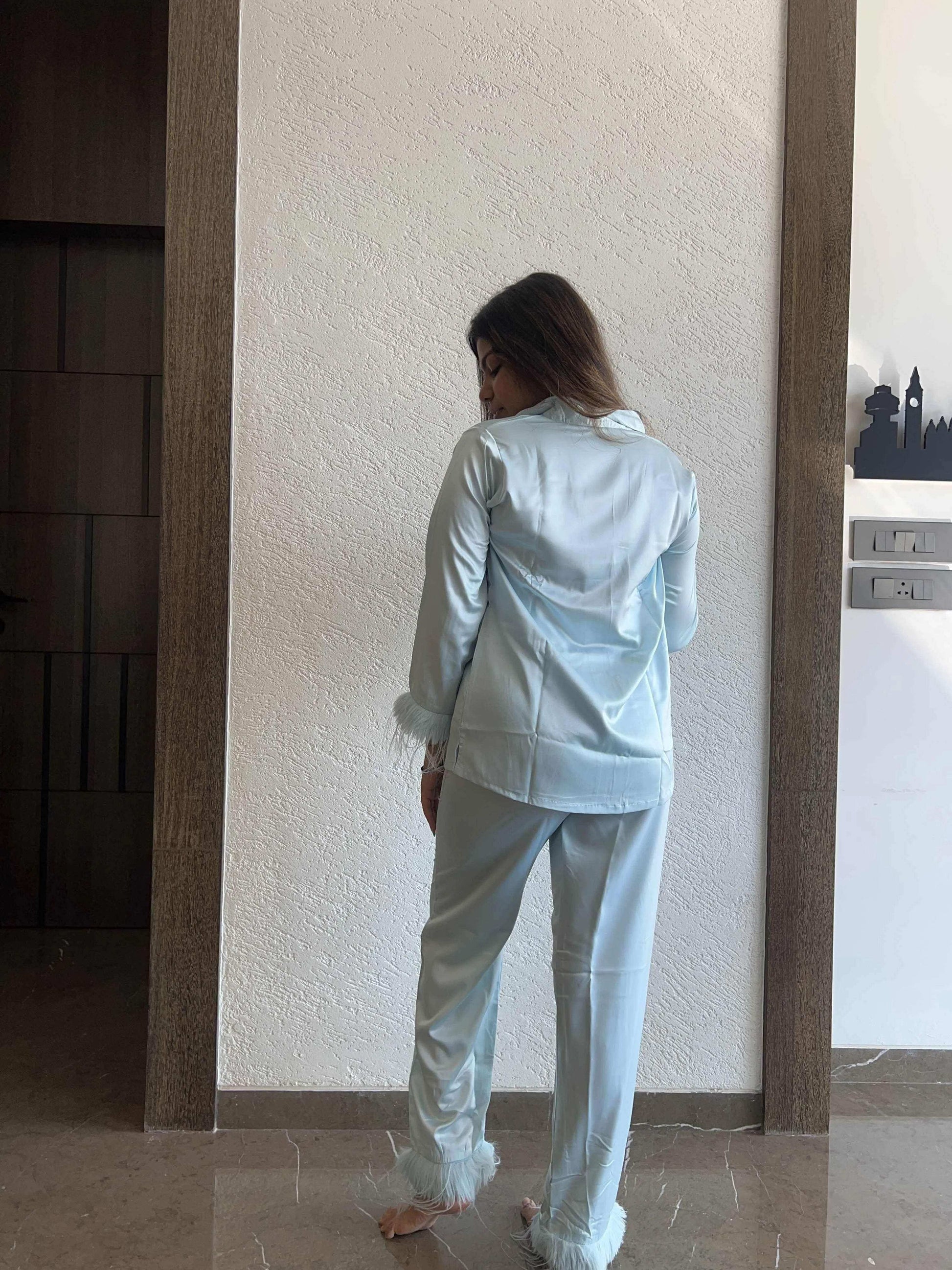 Velure Refreshing Fur Satin Night Suit - Velure - - Collar Neck, Front Button Open, Full Length Pant, Full Sleeves, Fur, Satin