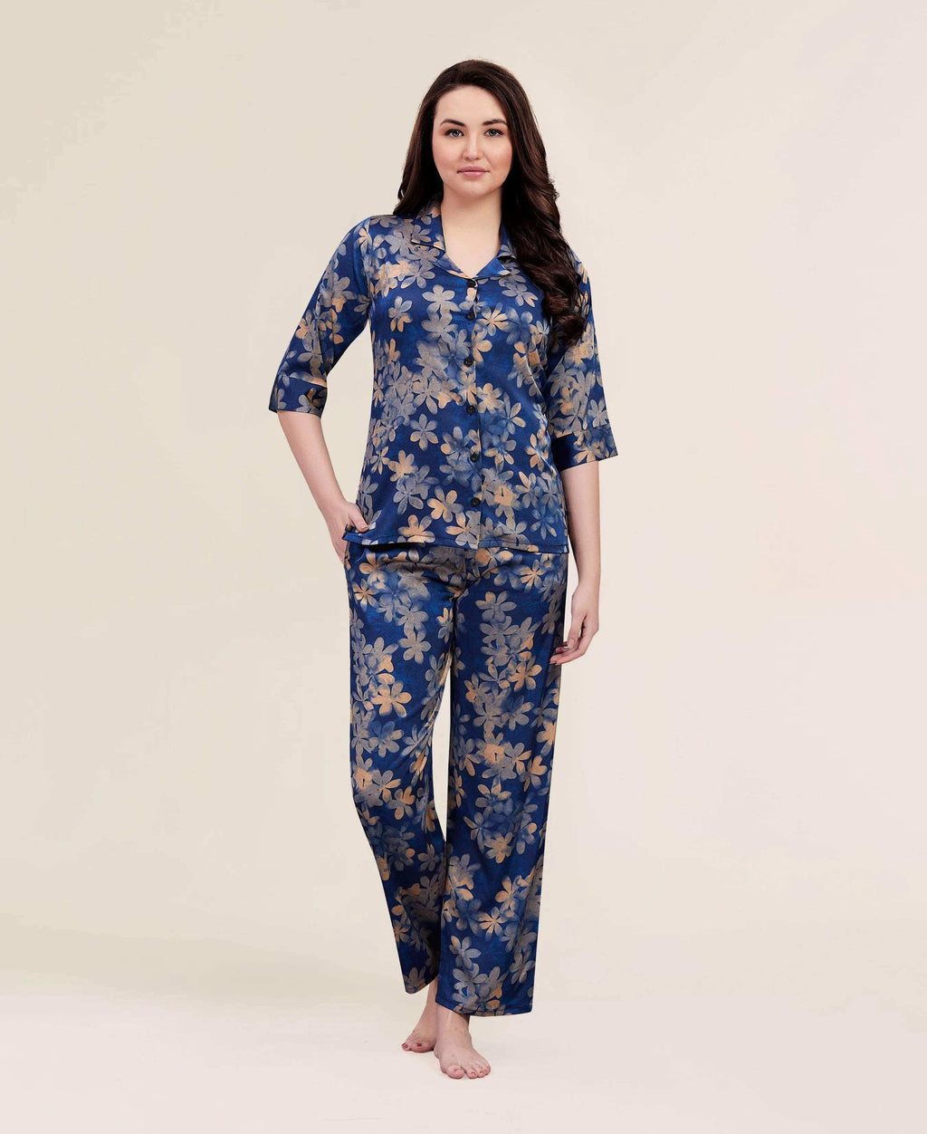 Velure Royal Floral Print Night Suit - Velure - - 3/4 Sleeves, Collar Neck, Floral Print, Front Button Open, Full Length Pant, Satin