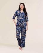 Velure Royal Floral Print Night Suit - Velure - - 3/4 Sleeves, Collar Neck, Floral Print, Front Button Open, Full Length Pant, Satin