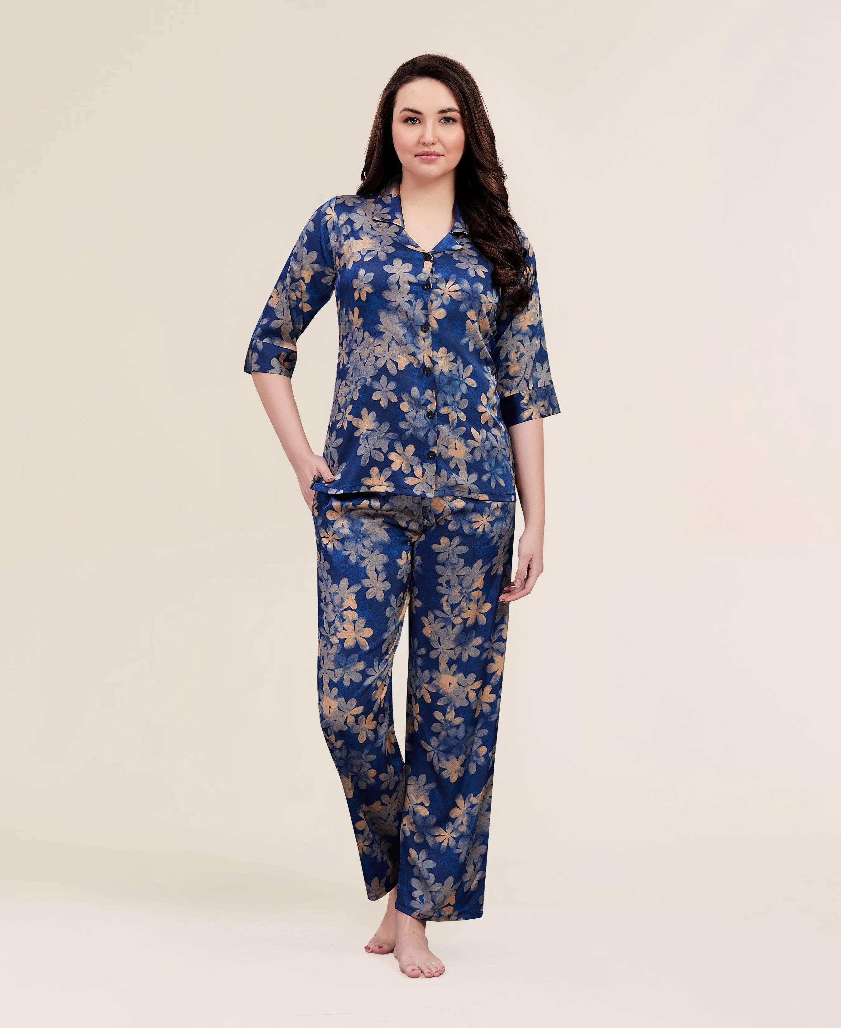 Velure Royal Floral Print Night Suit - Velure - - 3/4 Sleeves, Collar Neck, Floral Print, Front Button Open, Full Length Pant, Satin