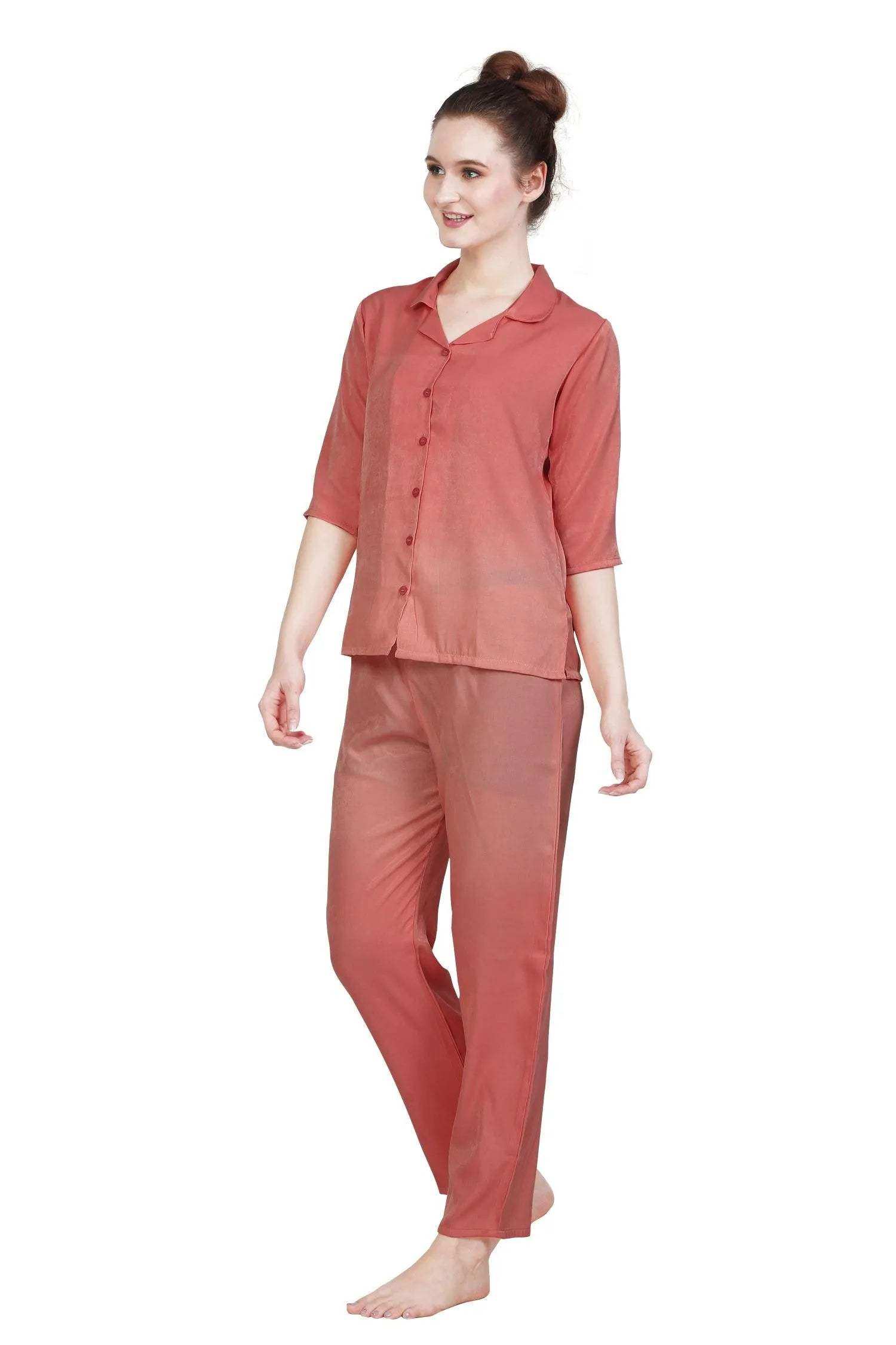 Velure Pleasing Co-ord Set - Velure - - 3/4 Sleeves, Collar Neck, Cotton, Front Button Open, Full Length Pant