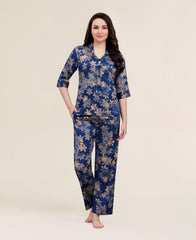 Velure Royal Floral Print Night Suit - Velure - Shirt and Pant - 3/4 Sleeves, Collar Neck, Floral Print, Front Button Open, Full Length Pant, Satin