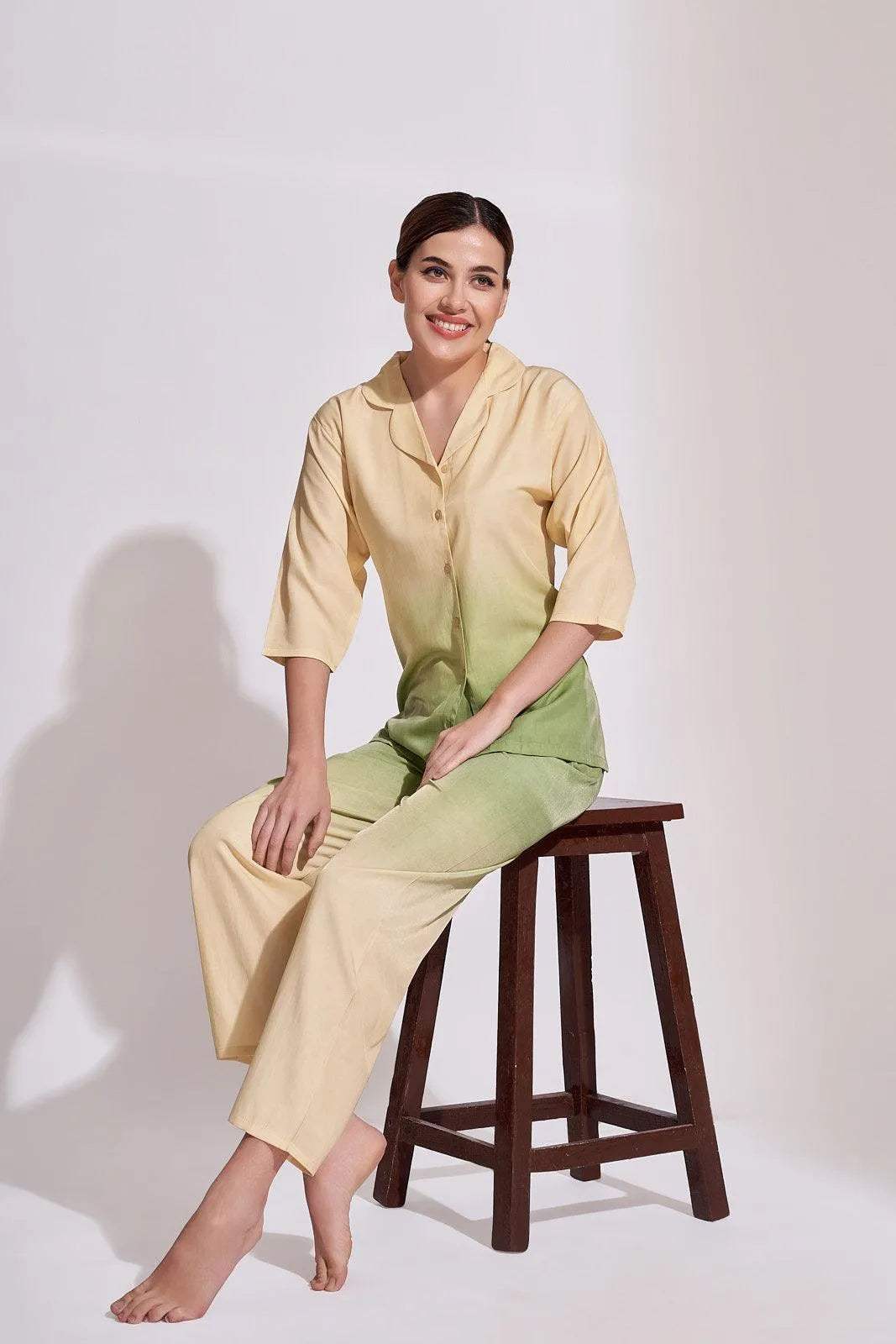 Velure Lemon Green Dual Shaded Co-ord Set - Velure - Shirt and Pant - 3/4 Sleeves, Collar Neck, Cotton, Full Length Pant, Ombre
