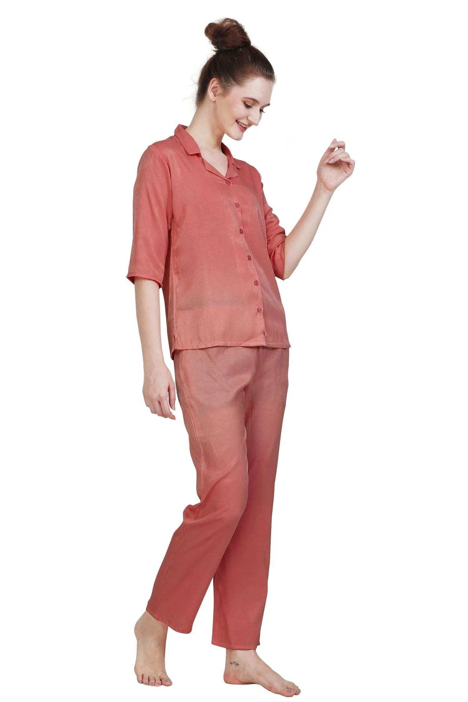 Velure Pleasing Co-ord Set - Velure - - 3/4 Sleeves, Collar Neck, Cotton, Front Button Open, Full Length Pant