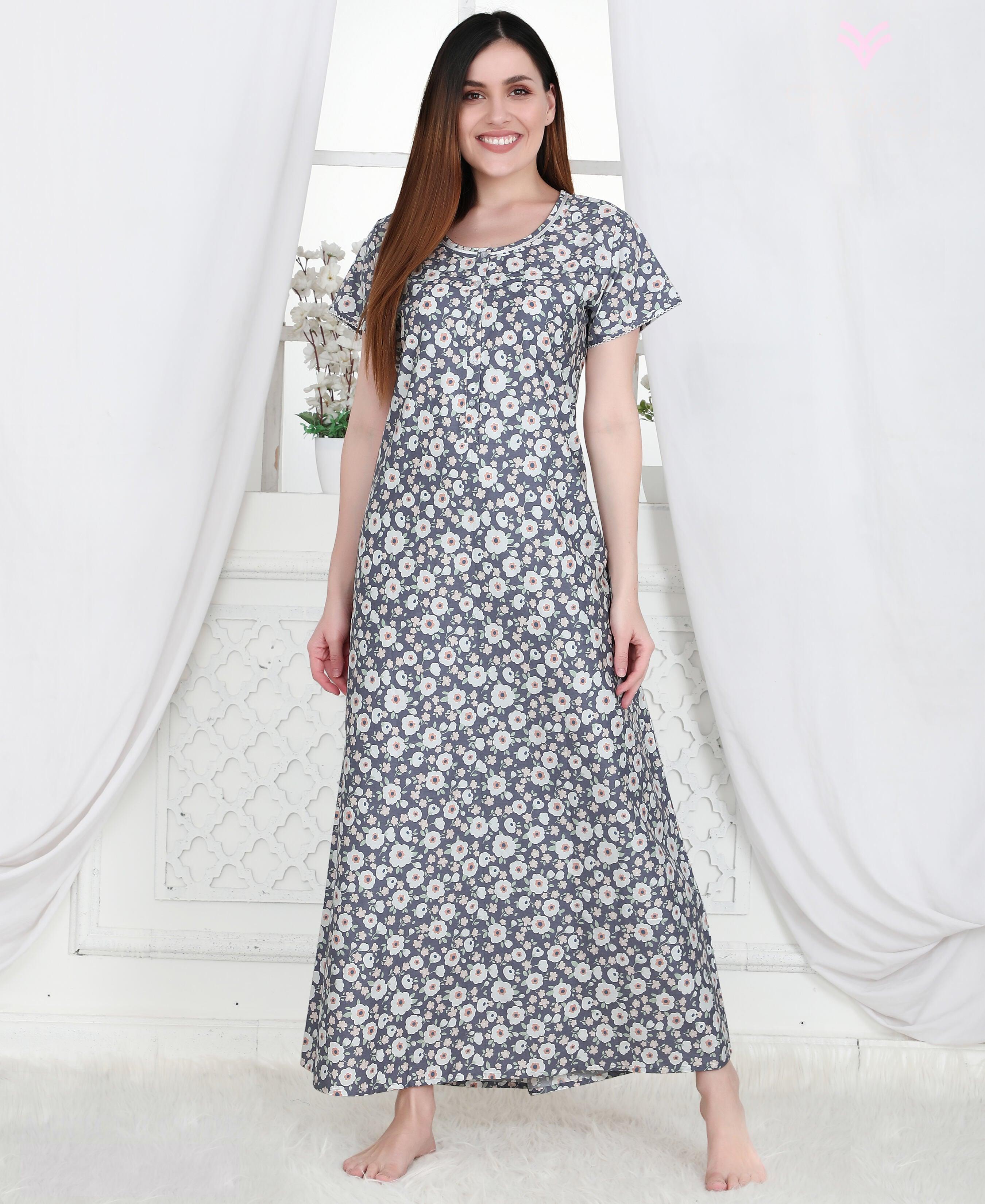 Velure Lush Dark Blue Print Cotton Nighty - Velure - Nighty - Cotton, Full Length Nighty, Half Sleeves Nighty, Round neck Nighty