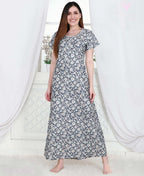 Velure Lush Dark Blue Print Cotton Nighty - Velure - - Cotton, Full Length Nighty, Half Sleeves Nighty, Round neck Nighty
